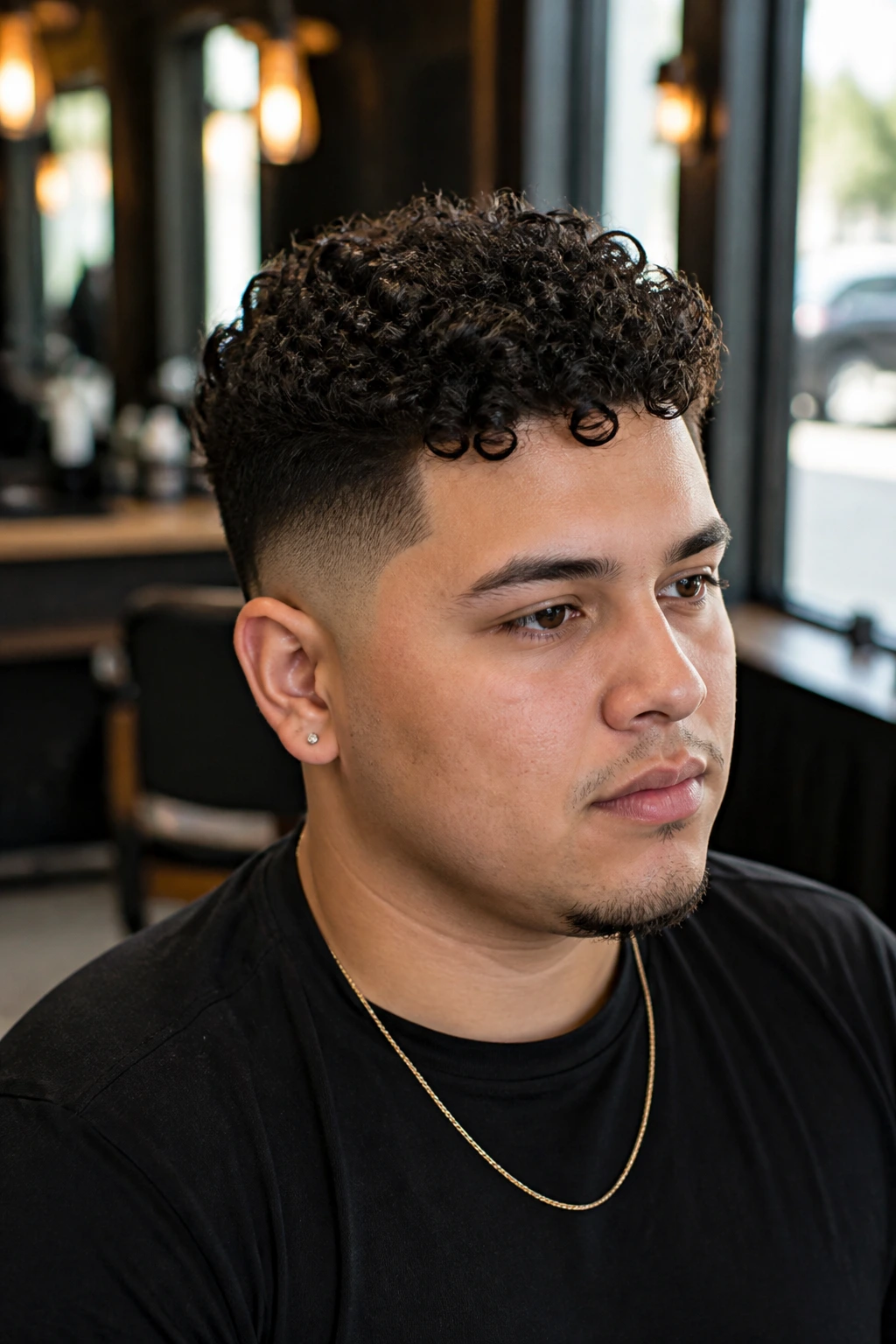 Close-up portrait of a real person with tight taper sides and a defined top curls on round face