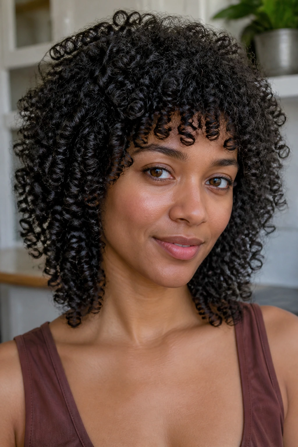 Close-up portrait of a real woman with tight-texture short-bang shag in bright room