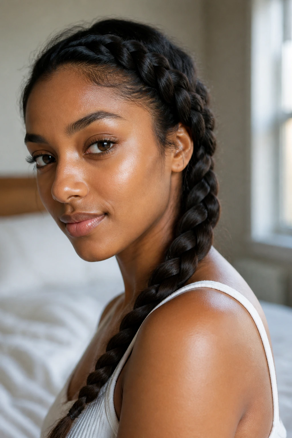 Close-up of a real woman with a time-saving braid in warm bedroom light