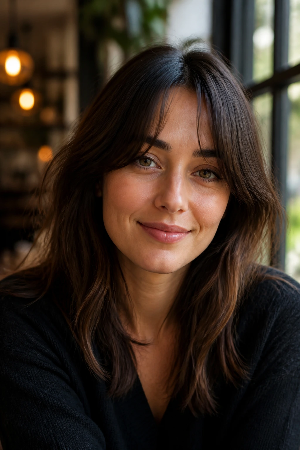 Real person portrait with timeless middle-part bangs in a warm window-lit cafe setting.