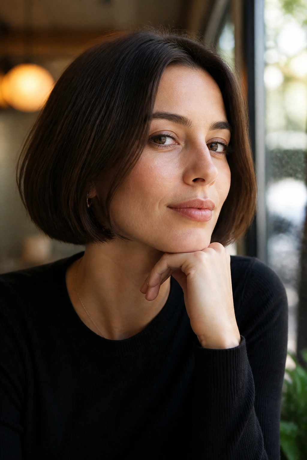 Close-up portrait of a real woman with a timeless blunt bob in warm daylight setting.