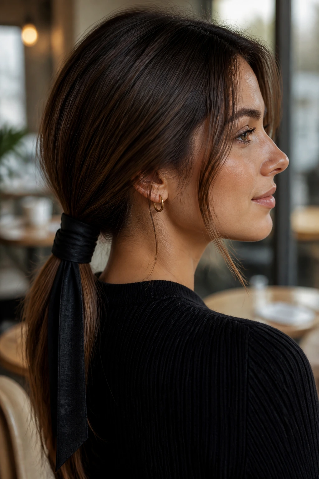 Portrait of a real woman with ribbon-wrapped low ponytail