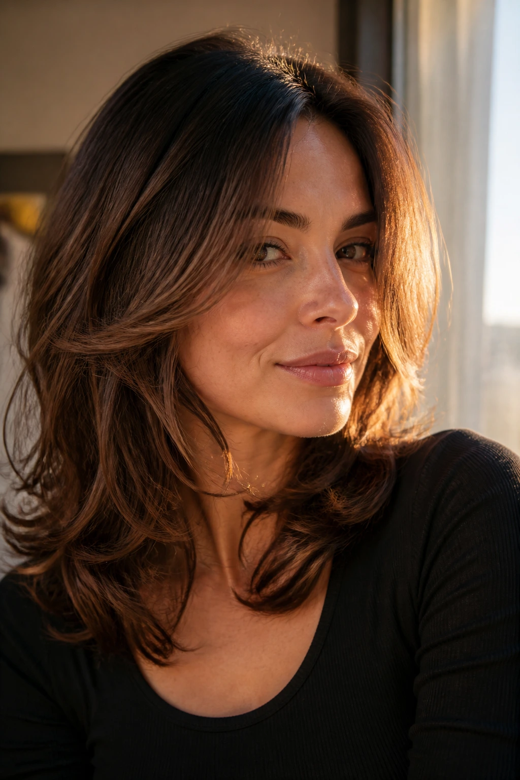 Real woman with timeless layered bob in warm window light