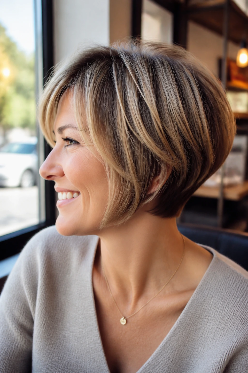 Portrait of a woman with a versatile pixie bob in a cozy cafe setting