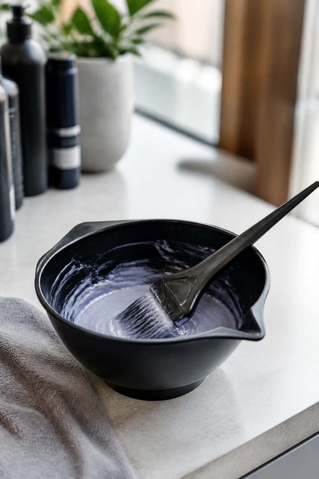 Close-up of a tint bowl and brush ready for color application