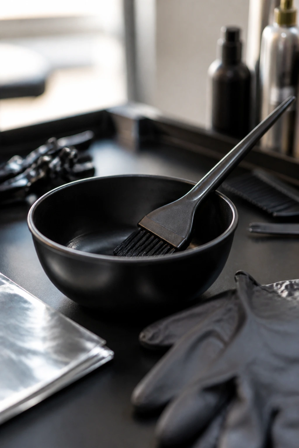 Close-up of a tint bowl with brush at a salon station