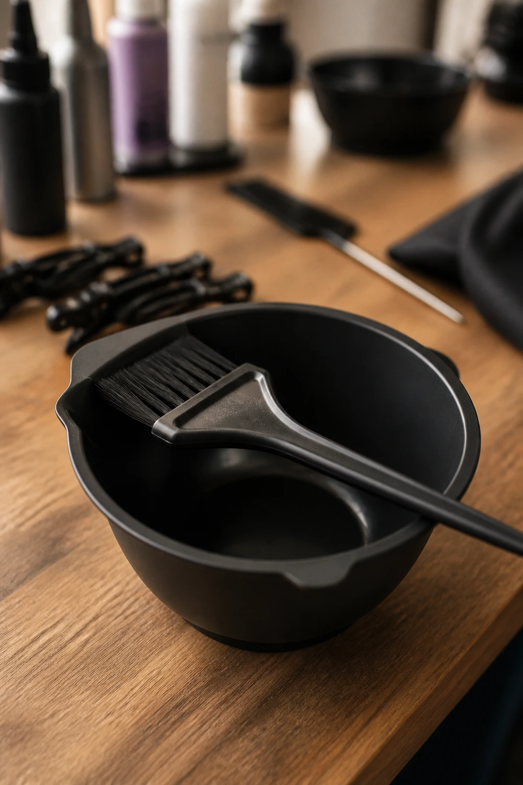 Close-up of tint bowl and brush on a salon counter.