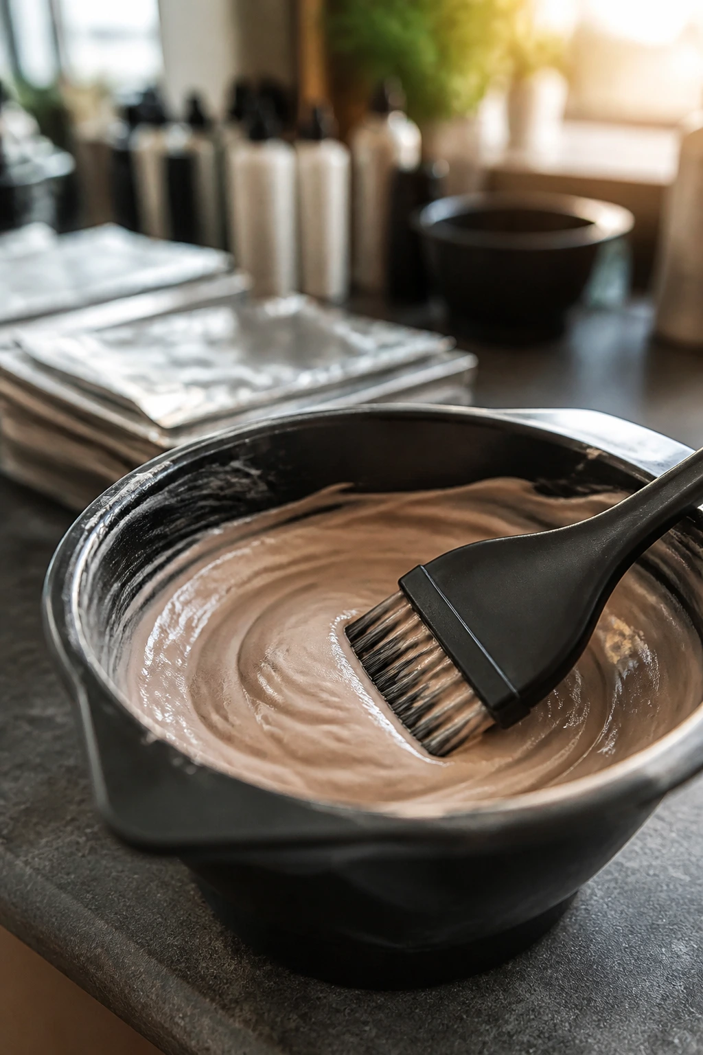 Close-up of tint bowl and color brush on salon counter.