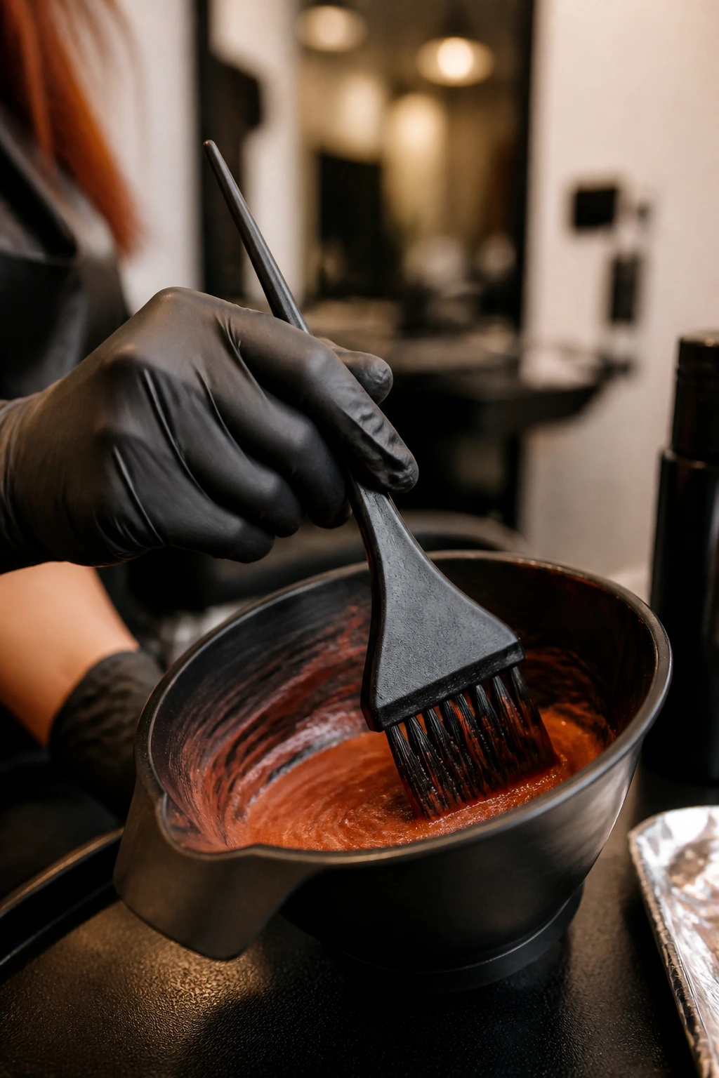 Close-up of tint brush and color bowl held by gloved hand in a salon