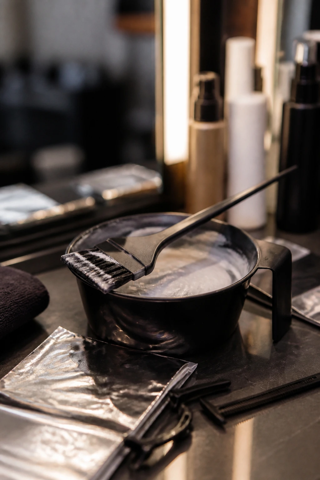 Tint brush resting on a color bowl in a salon vanity