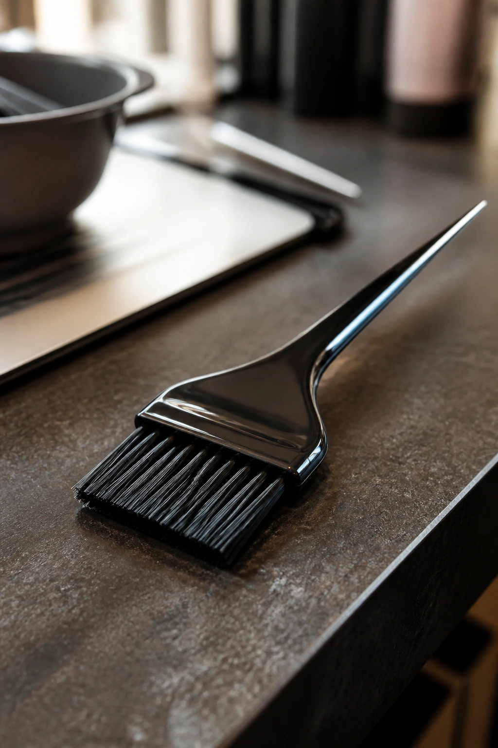 Close-up of a tint brush on a salon counter as a hair coloring tool