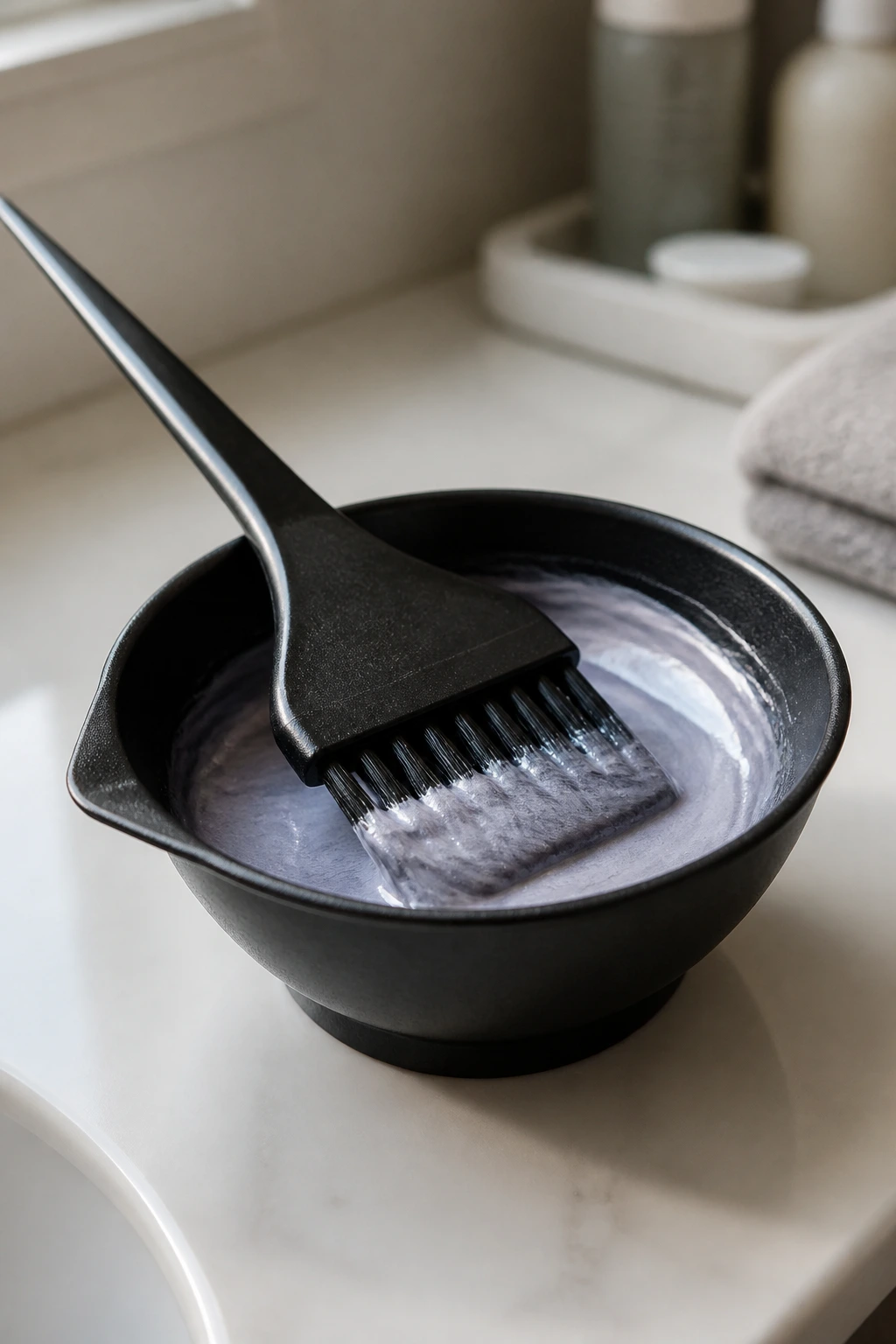 Close-up of a tint brush and bowl on a bathroom counter for silver shade care