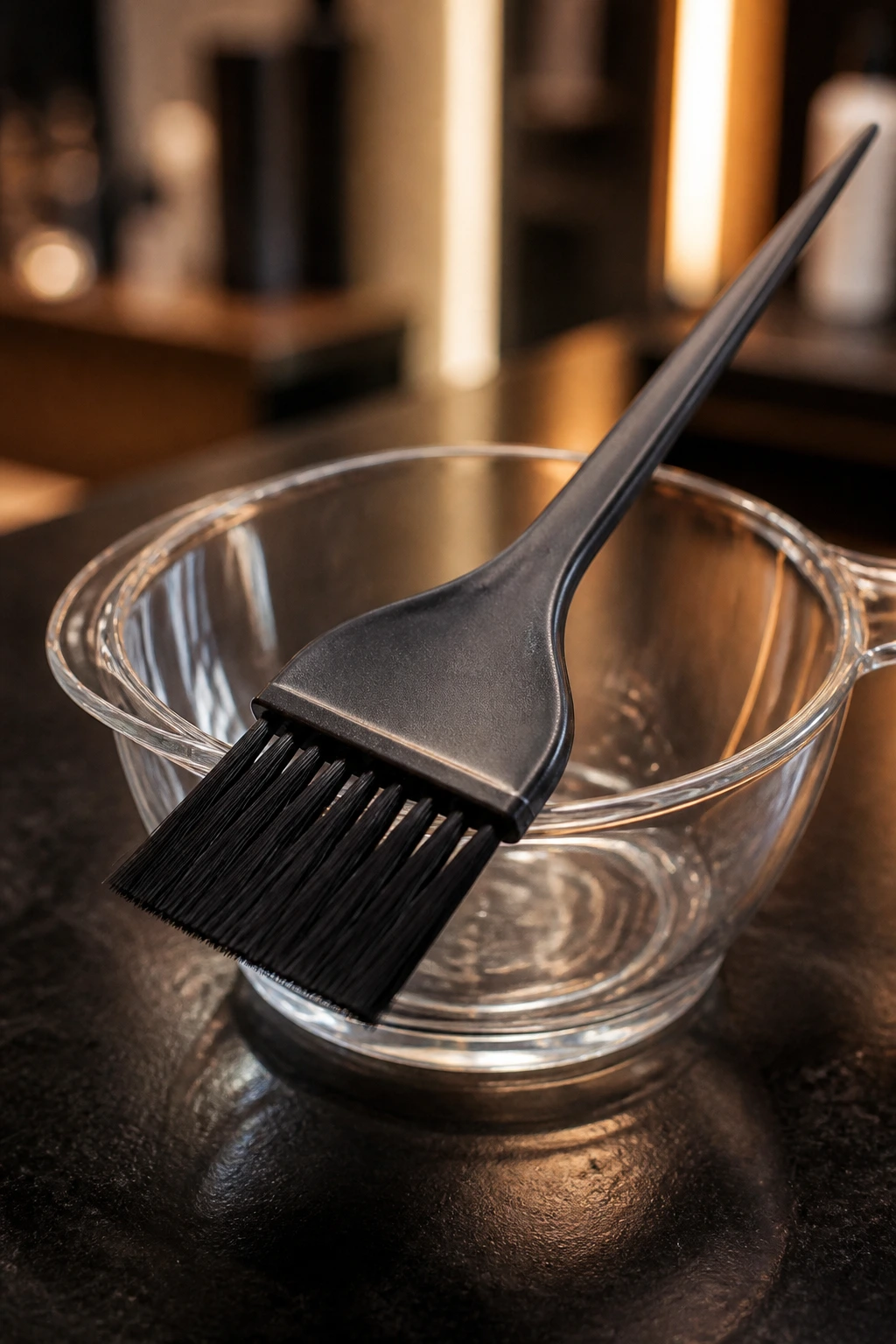 Macro close-up of a tint brush and tint bowl to illustrate color care tools