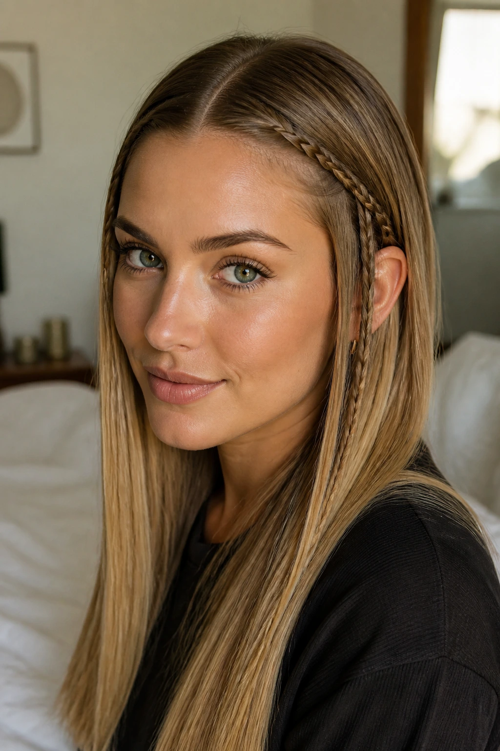 Real woman with tiny accent braids in straight hair near temples