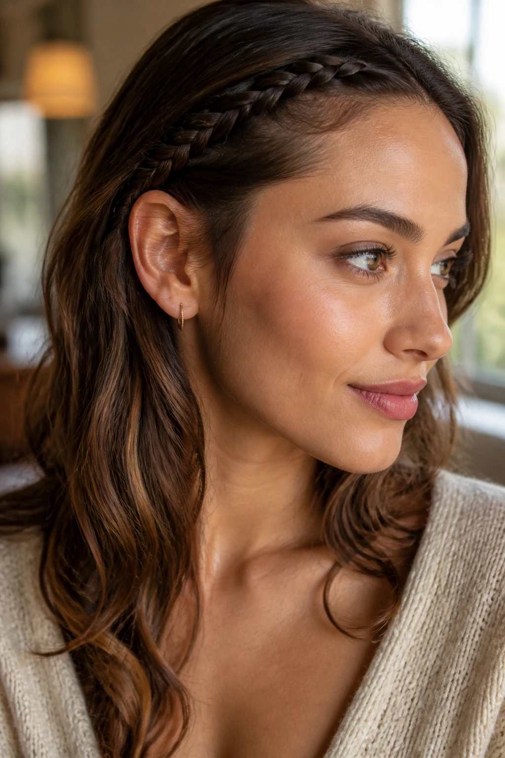 Close-up of a real woman's tiny accent fishtail braid at the hairline