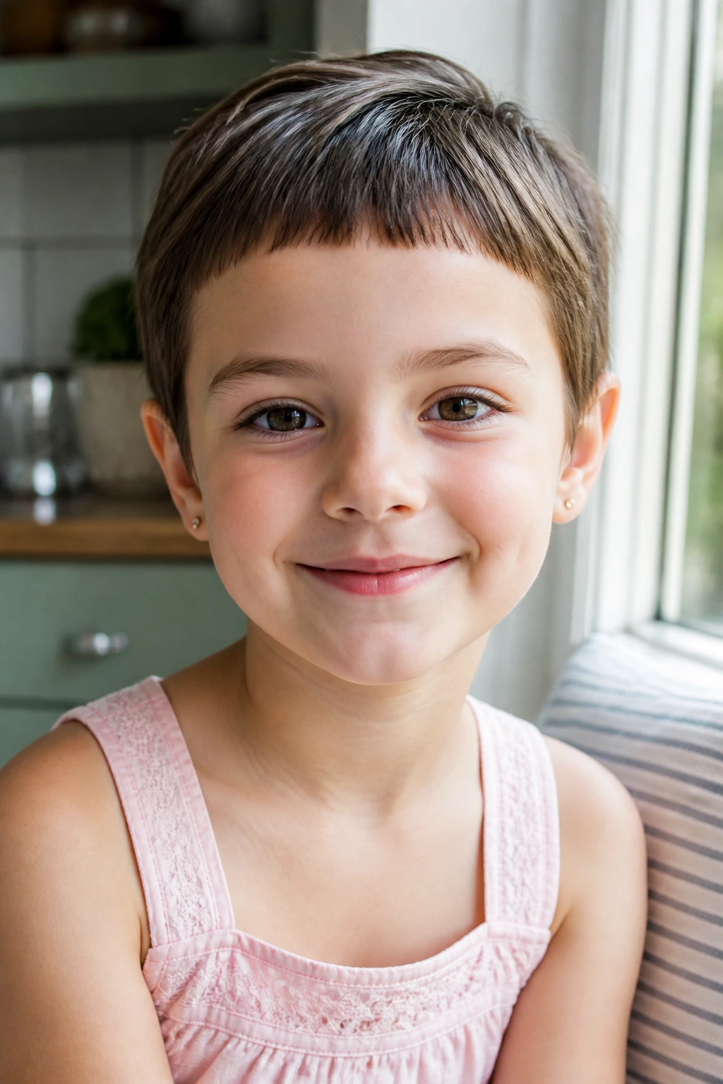 Portrait of a girl with tiny bangs pixie haircut above the brows in bright natural light.