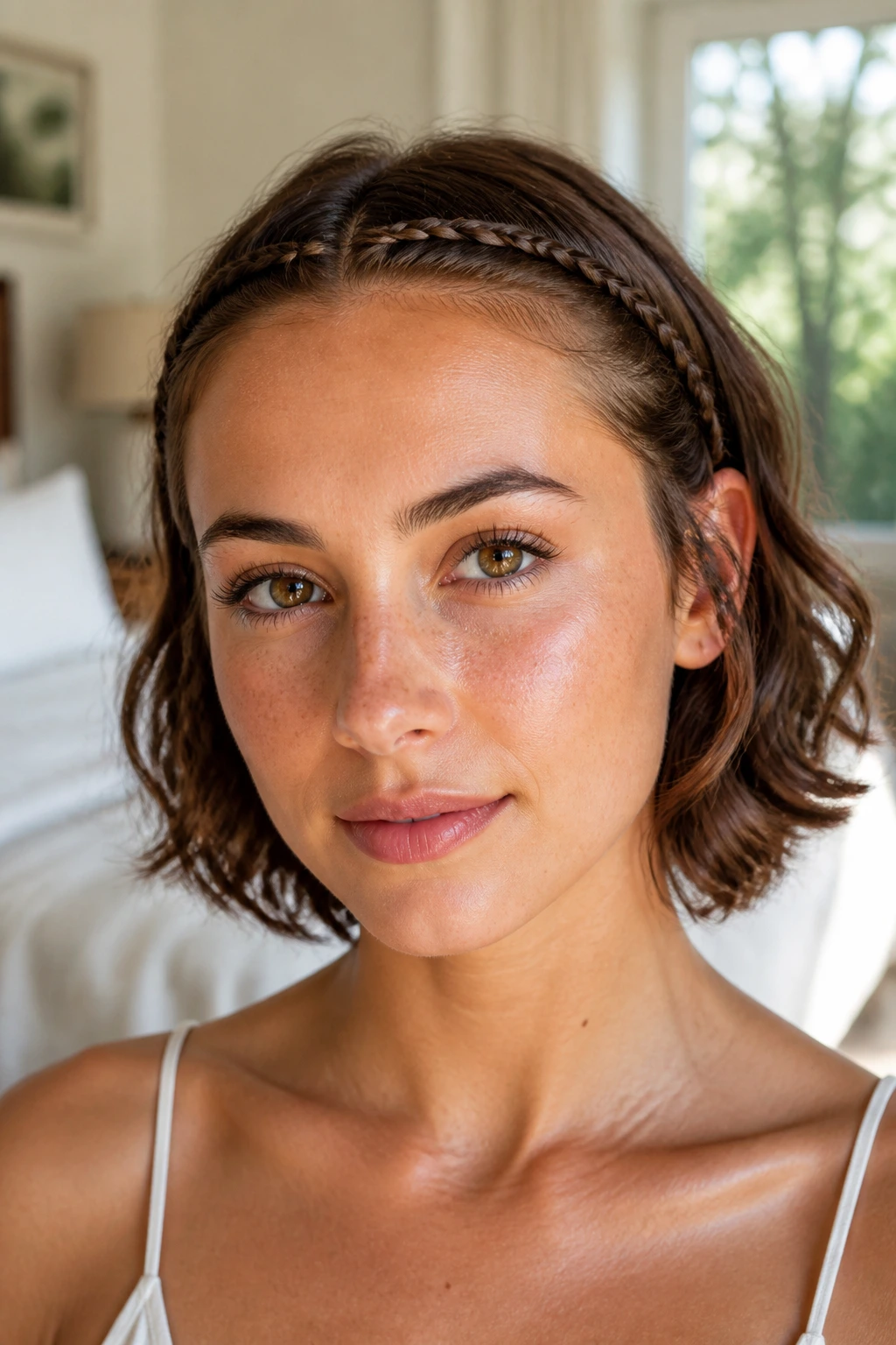 Close-up of a real woman wearing a tiny braided crown along the hairline