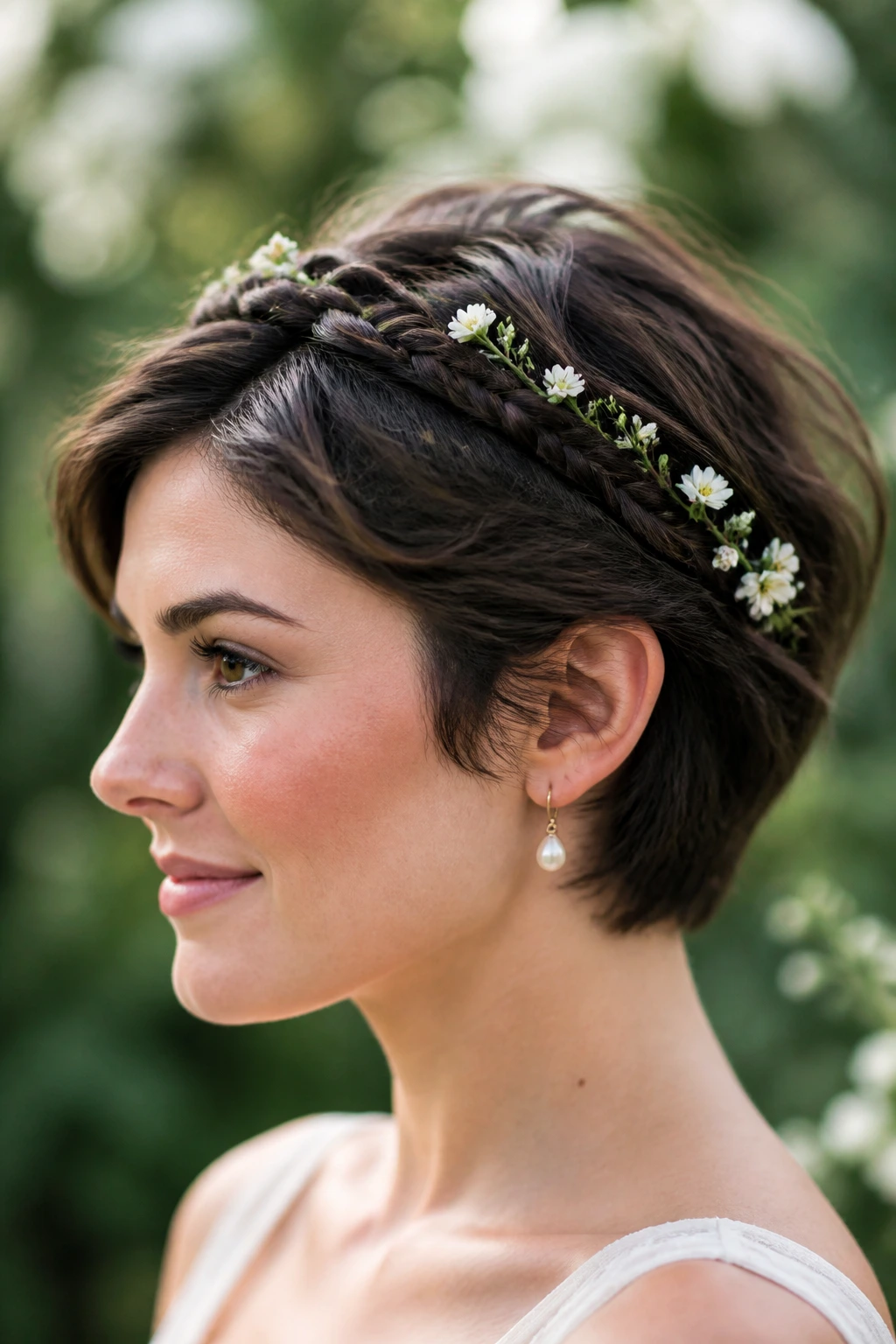 Close-up of a bride with a halo of tiny braids and small fresh flowers in outdoor setting.