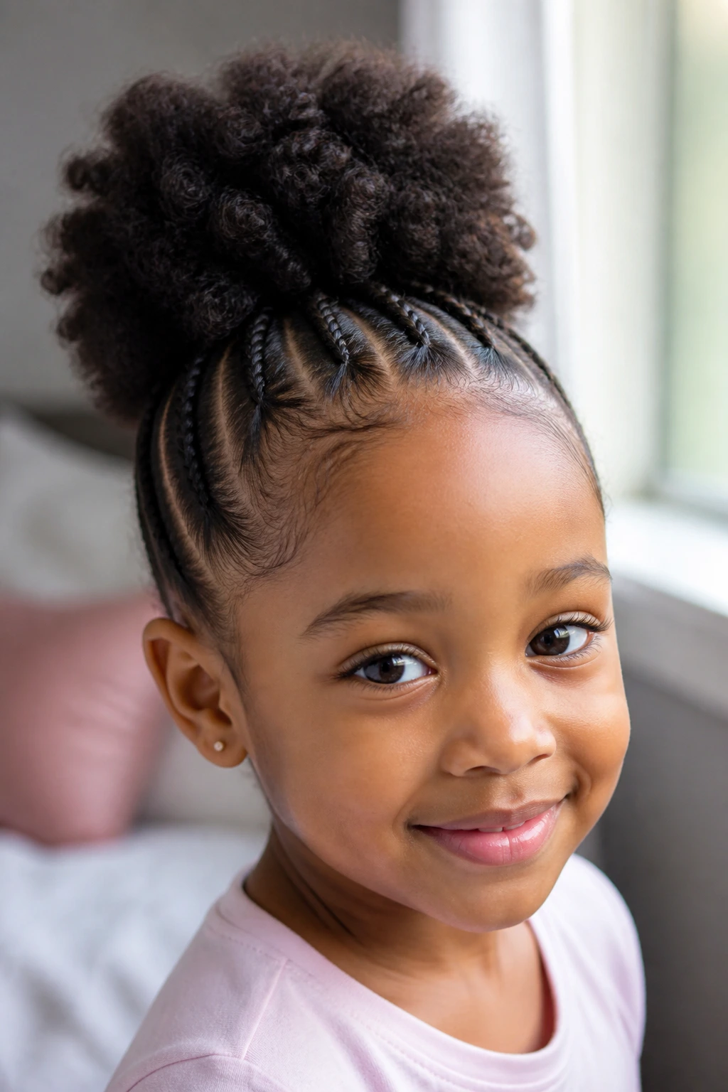 Close-up of a young girl's head showing tiny front braids feeding into a puff