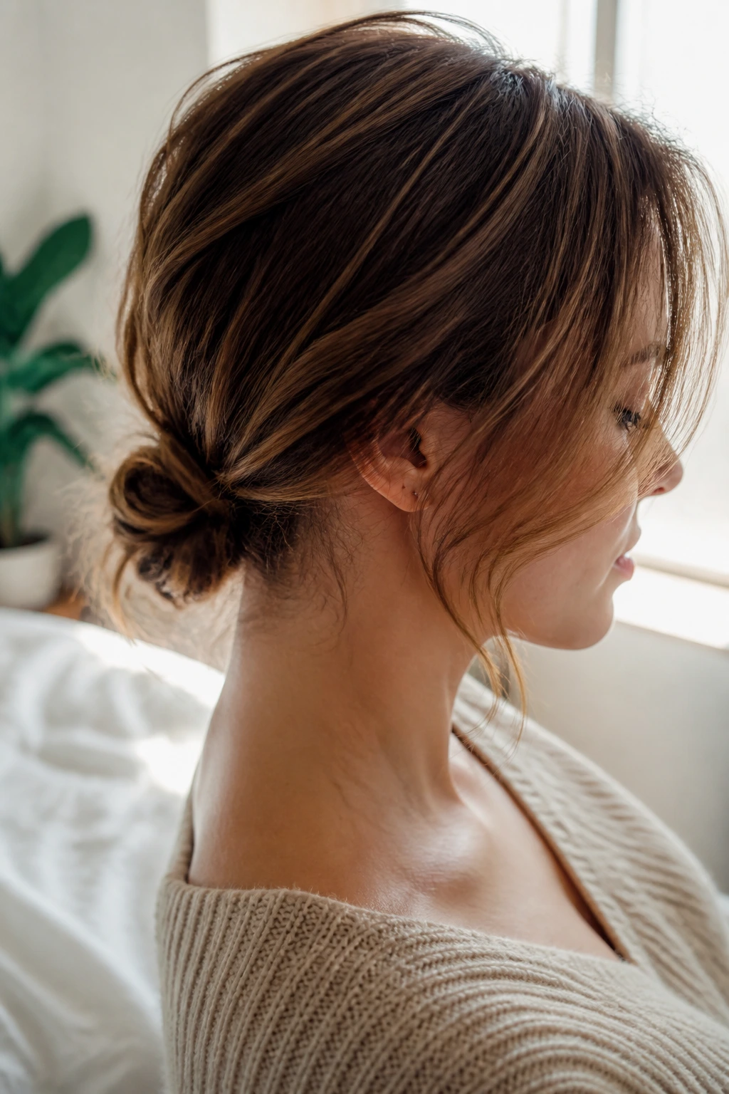 Close-up of real woman with a tiny bun at the nape for lob length.
