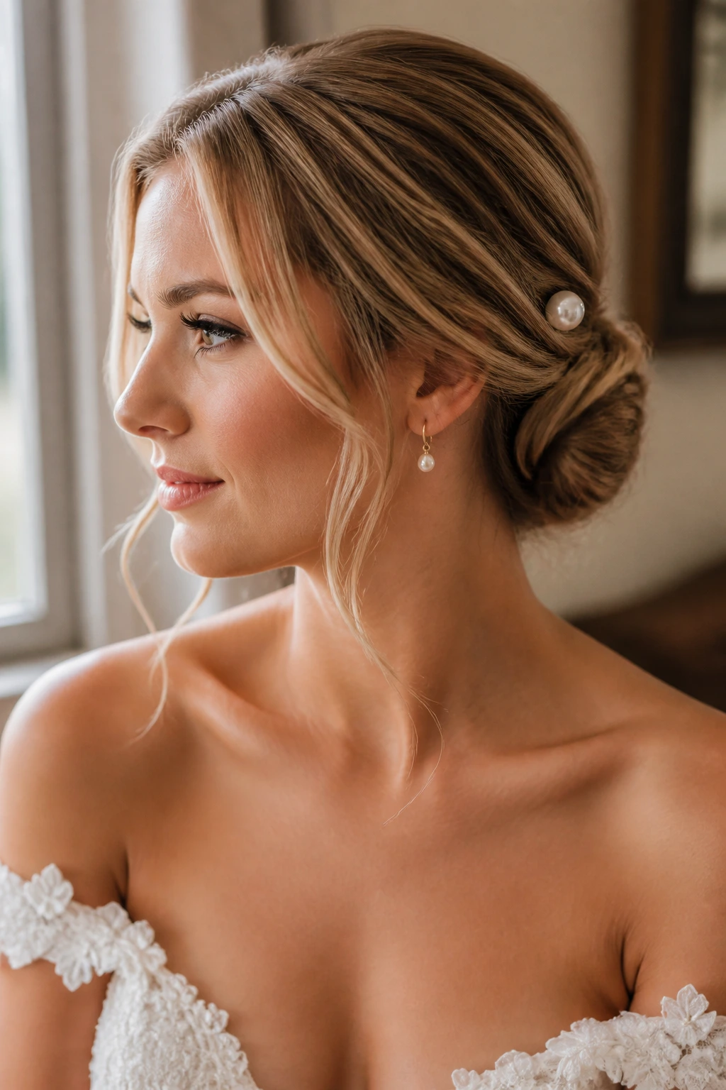 Bride close-up with compact bun and pearl pin