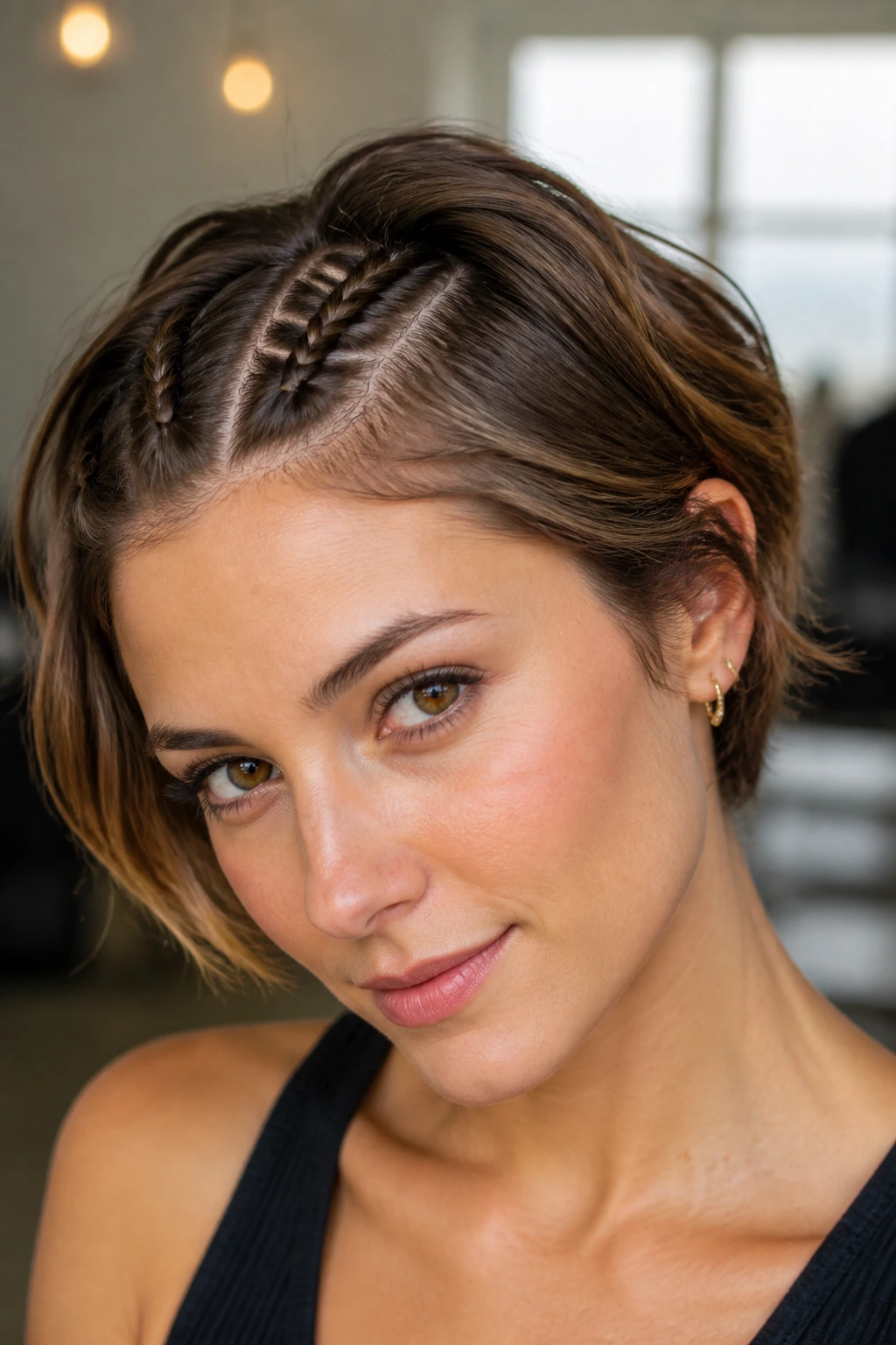 Pixie-bob with two tiny Dutch braids along the hairline