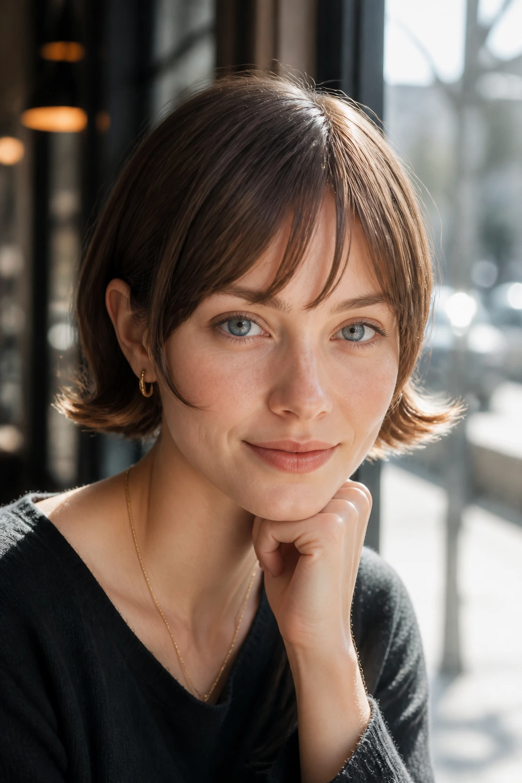 Real woman with tiny flip-end bangs in sunlit cafe window setting