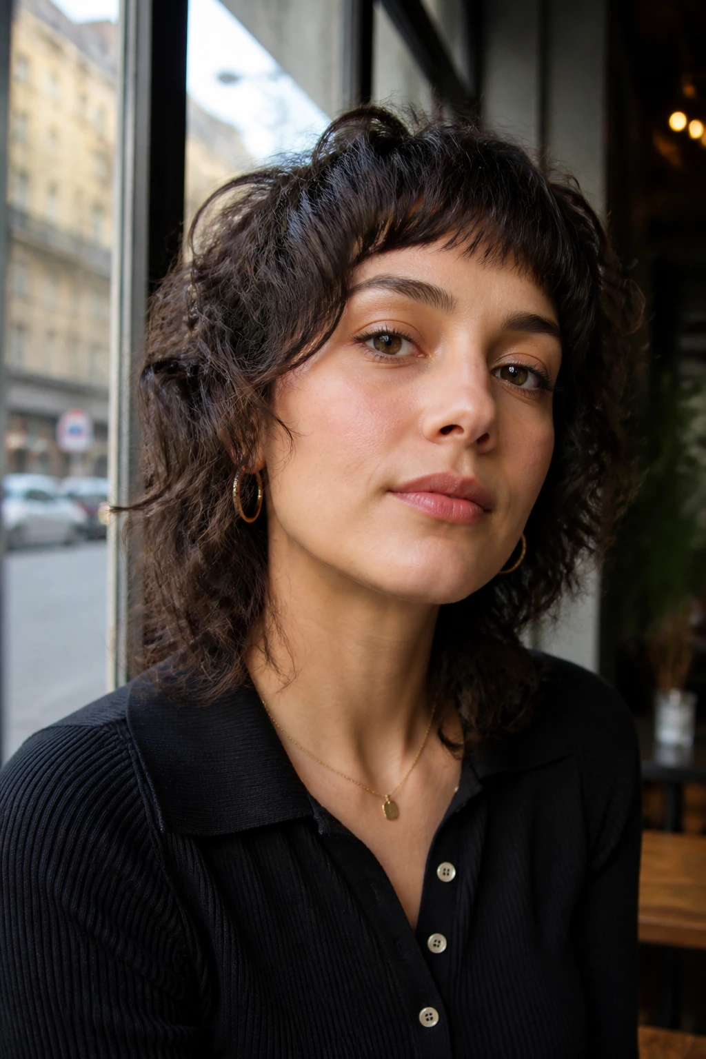 Close-up portrait of a real woman with tiny fringe power shag in an urban cafe