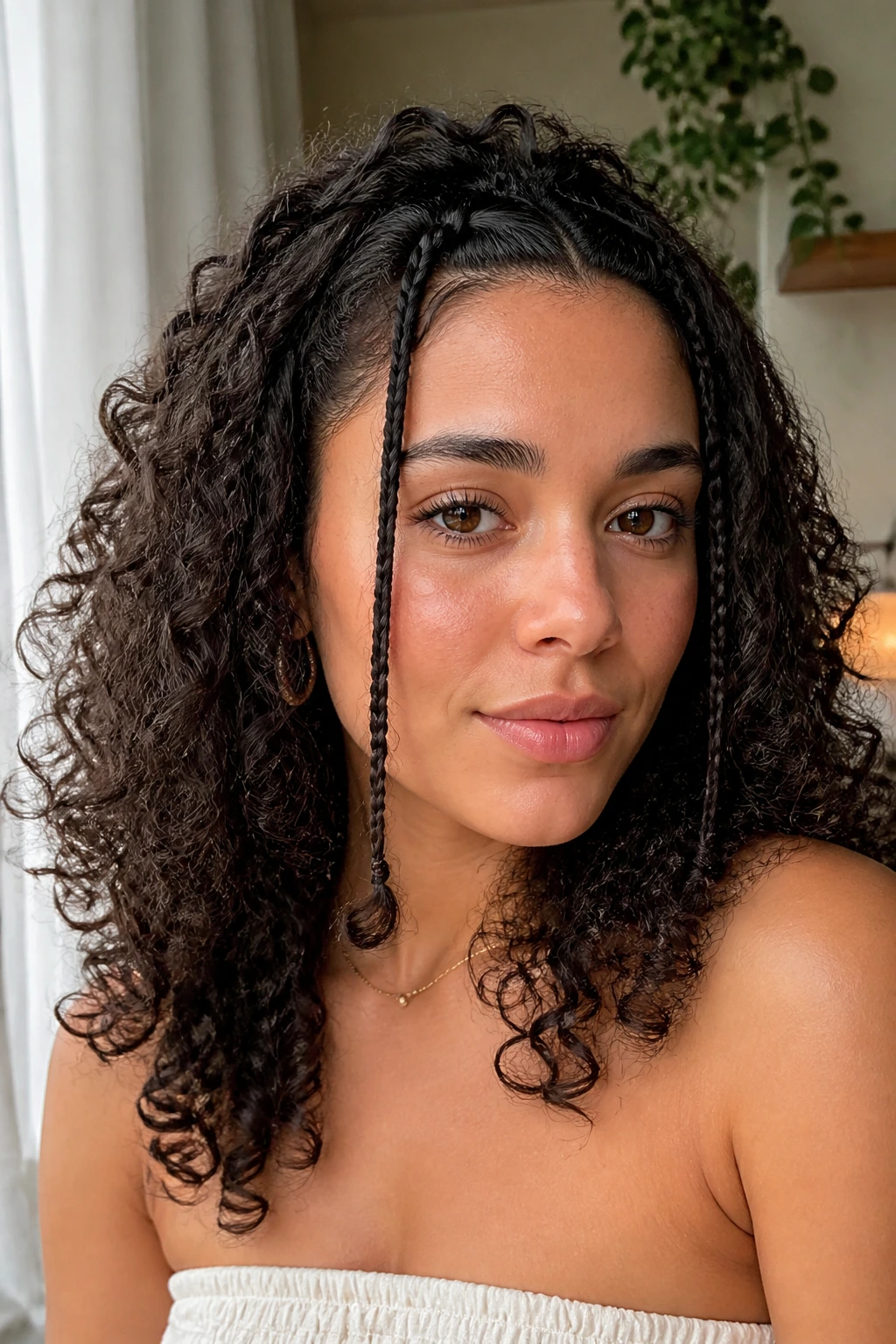 Close-up of tiny front braids framing the face on a real person