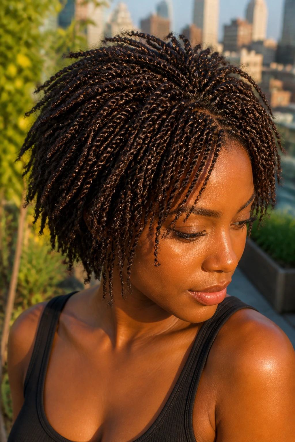 Dense crown of tiny Marley twists on a real person, close-up portrait