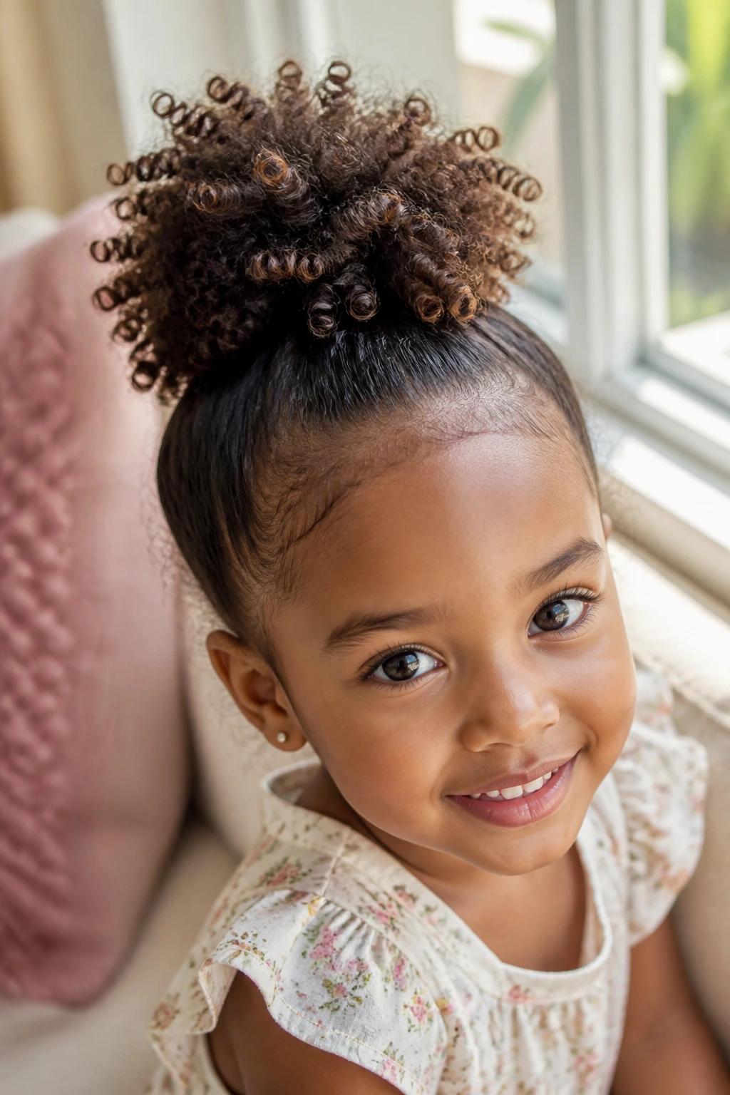 Close-up of a real girl's tiny pineapple puff hairstyle