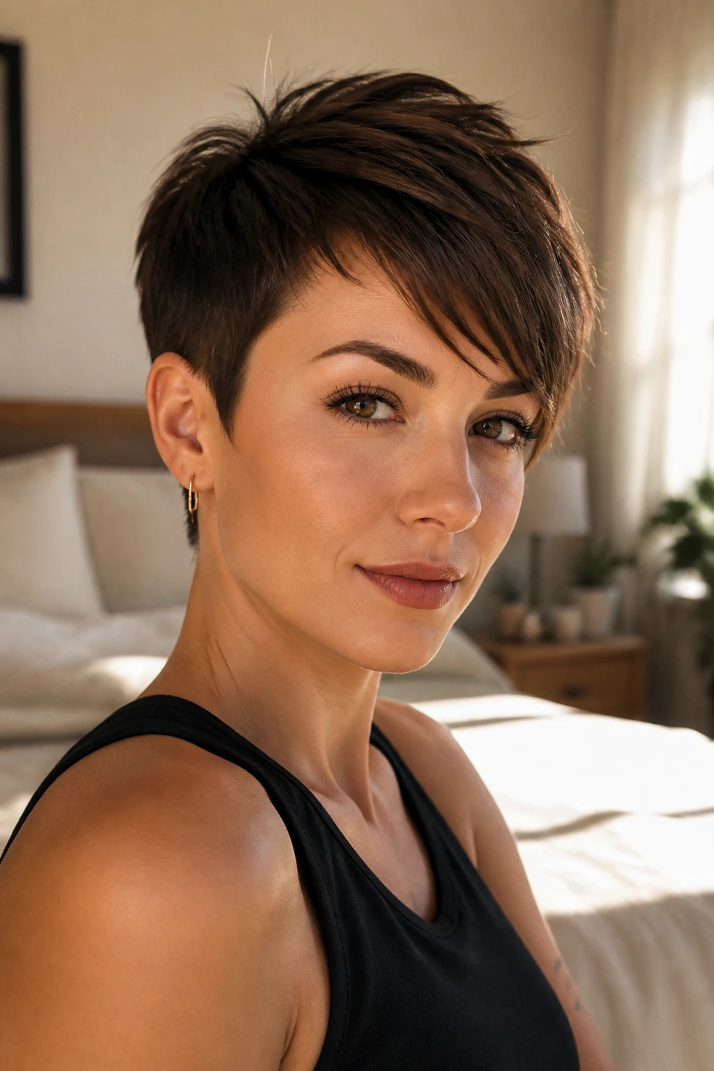 Portrait of a pixie cut with diagonal fringe and crown lift.
