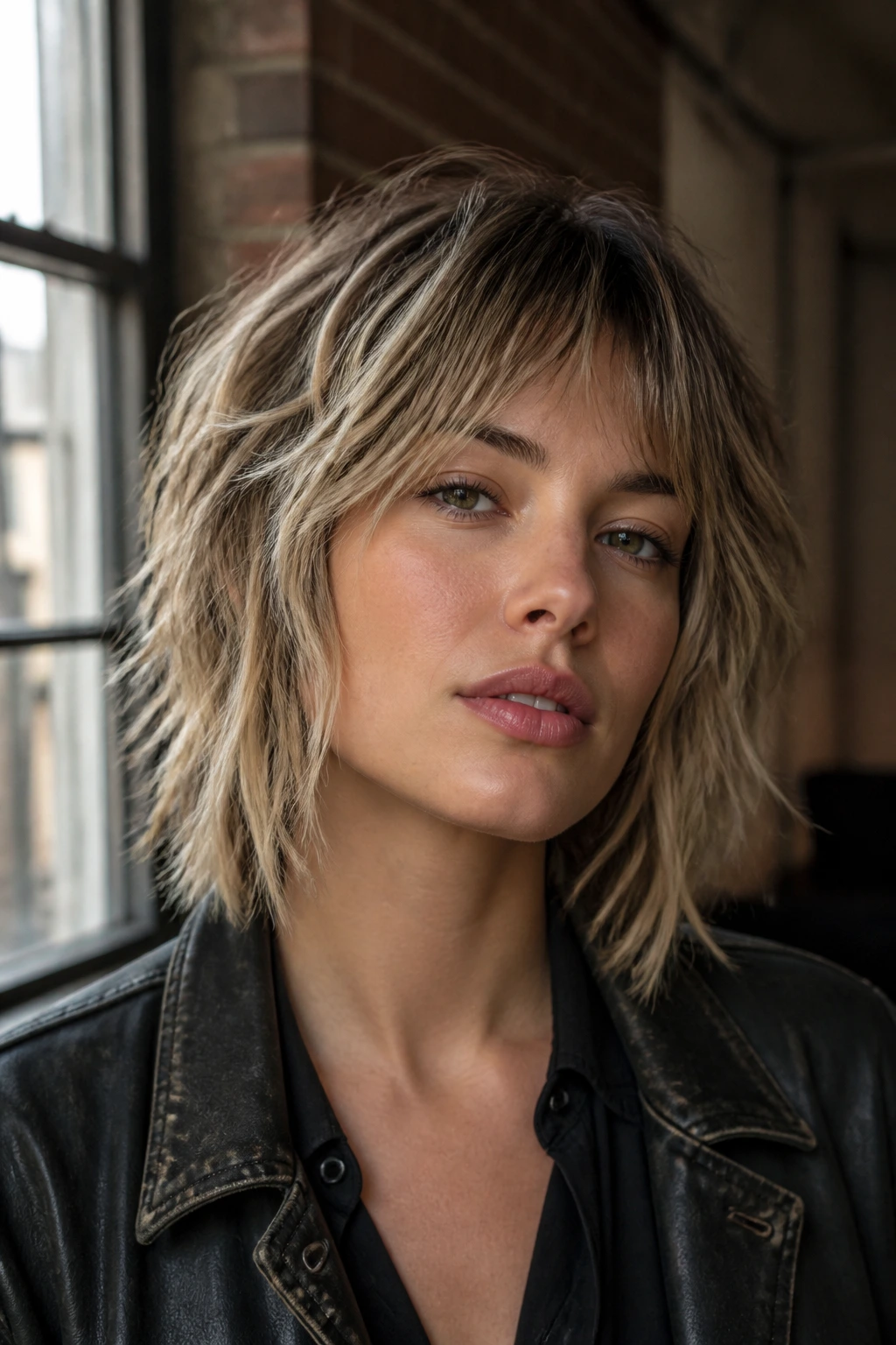 Close-up of a real woman with tiny segment blonding in edgy textured hair