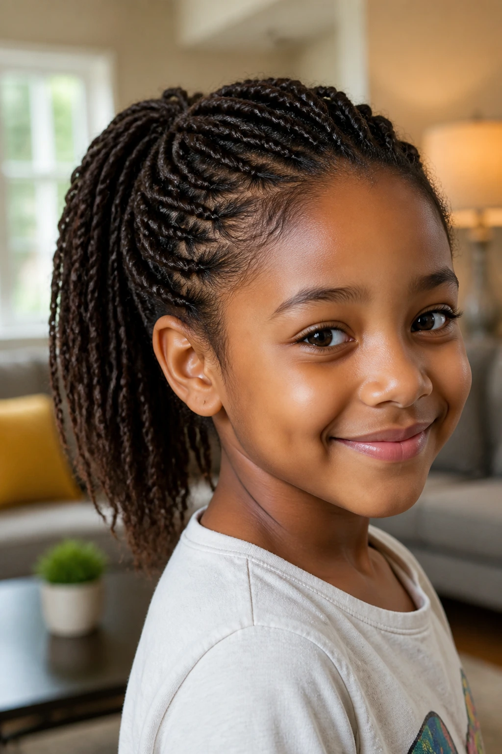Child with tiny twists gathered into a ponytail.