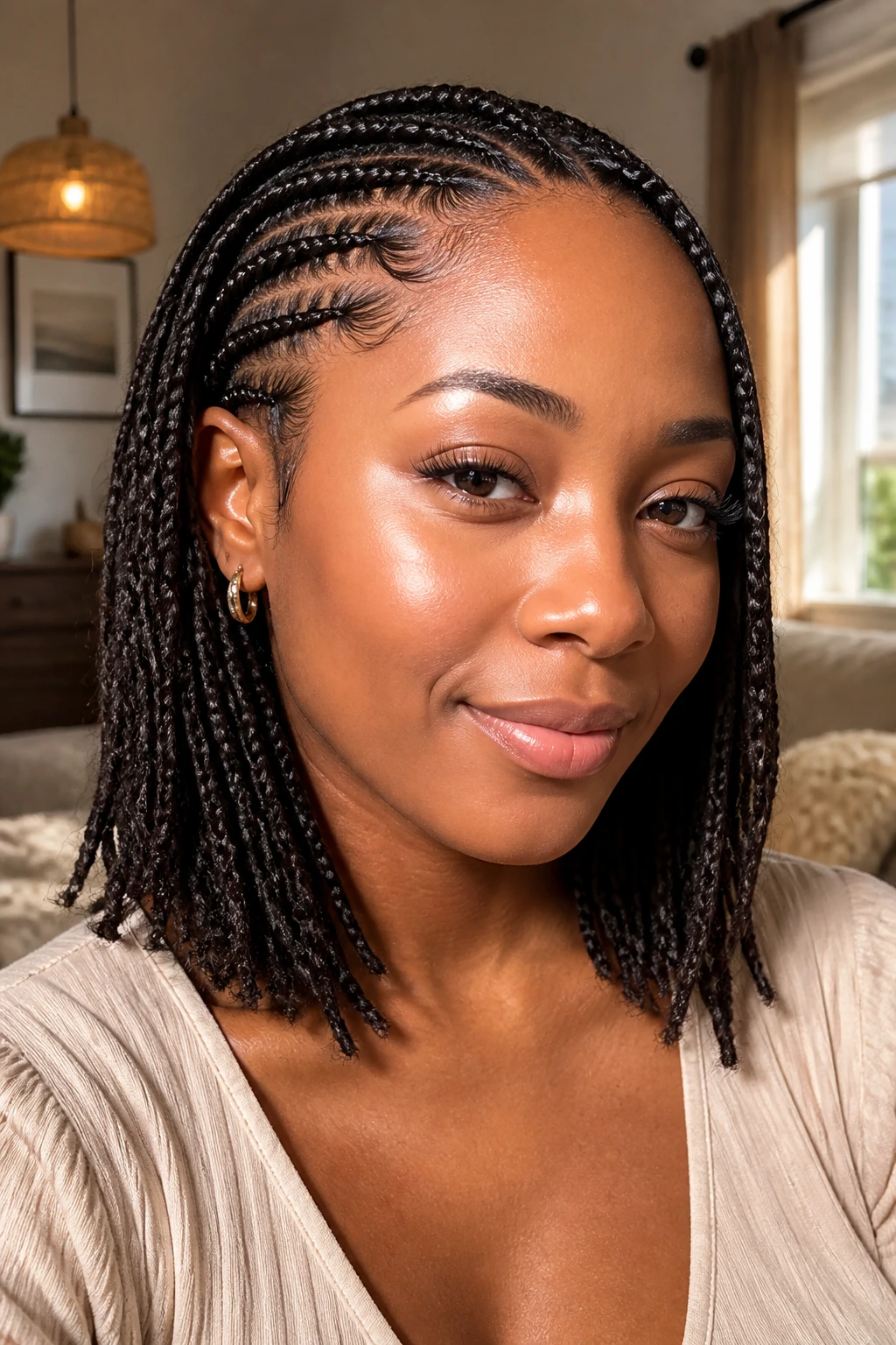 Close-up of a real woman with finished braid hairstyle in warm daylight
