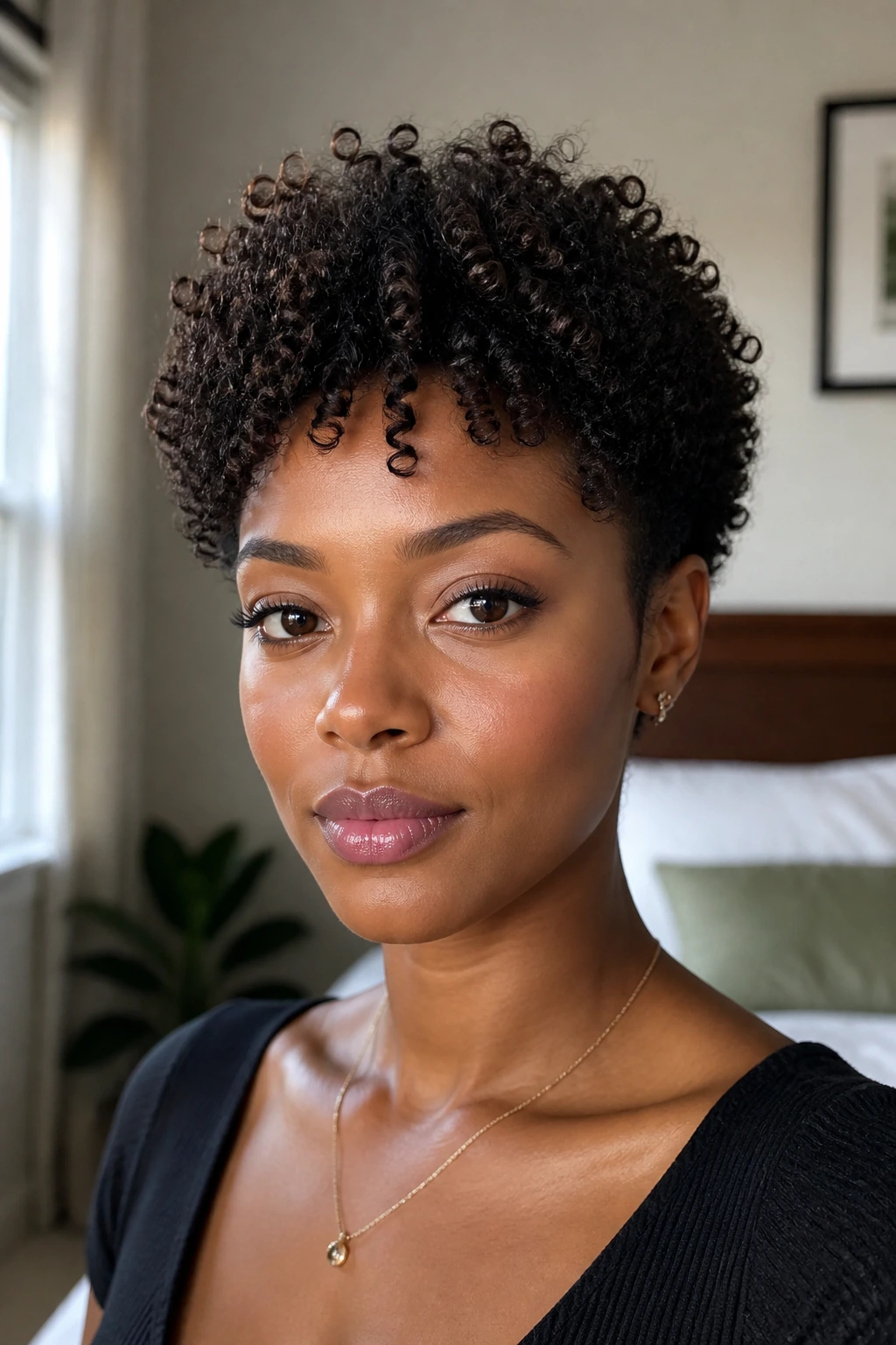 Close-up portrait of a real Black woman with a short curly haircut, crown lifted for presence.