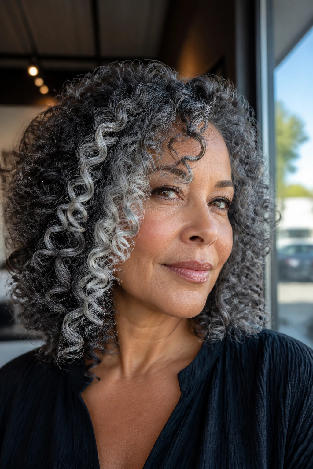 Close-up of a real woman with curly hair showing titanium coil highlights around the face in a sunlit salon
