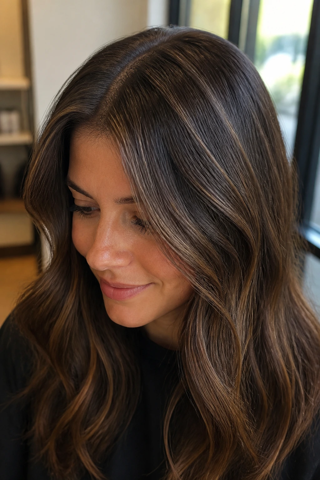 Close-up portrait of a real woman with toasted almond babylights on dark brown hair.