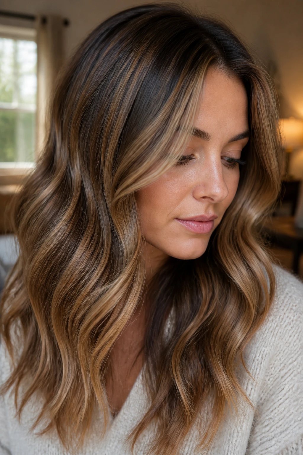 Close-up of a real woman with toasted almond balayage on wavy hair