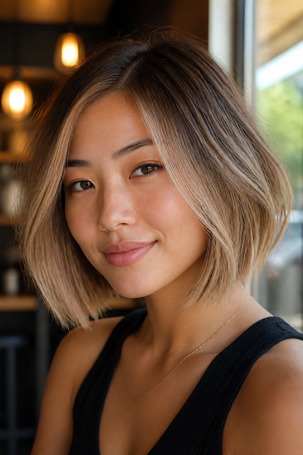 Close-up portrait of a real woman with toasted almond balayage on a bob.