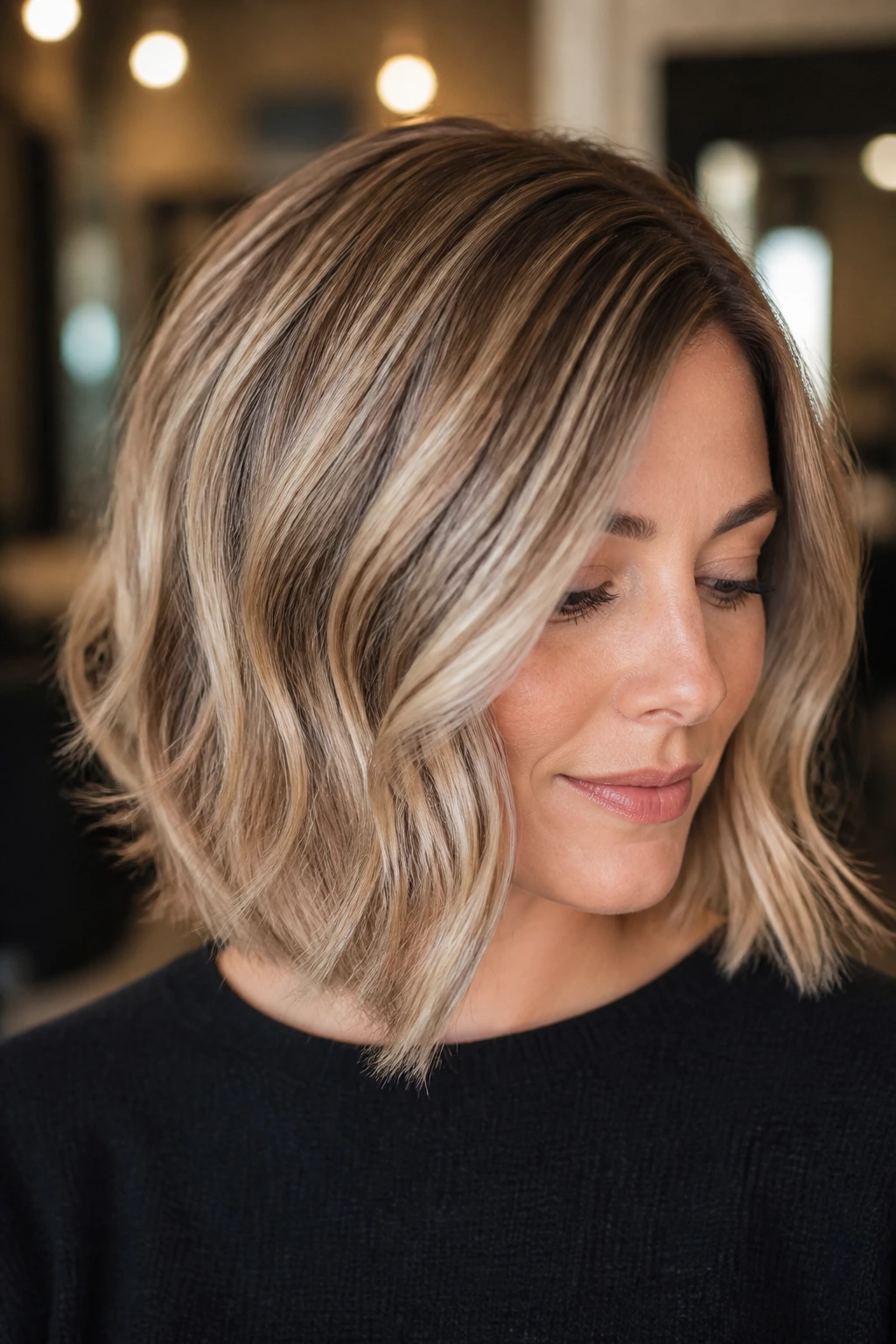 Real woman with toasted almond balayage bob, warm highlights and lowlights.