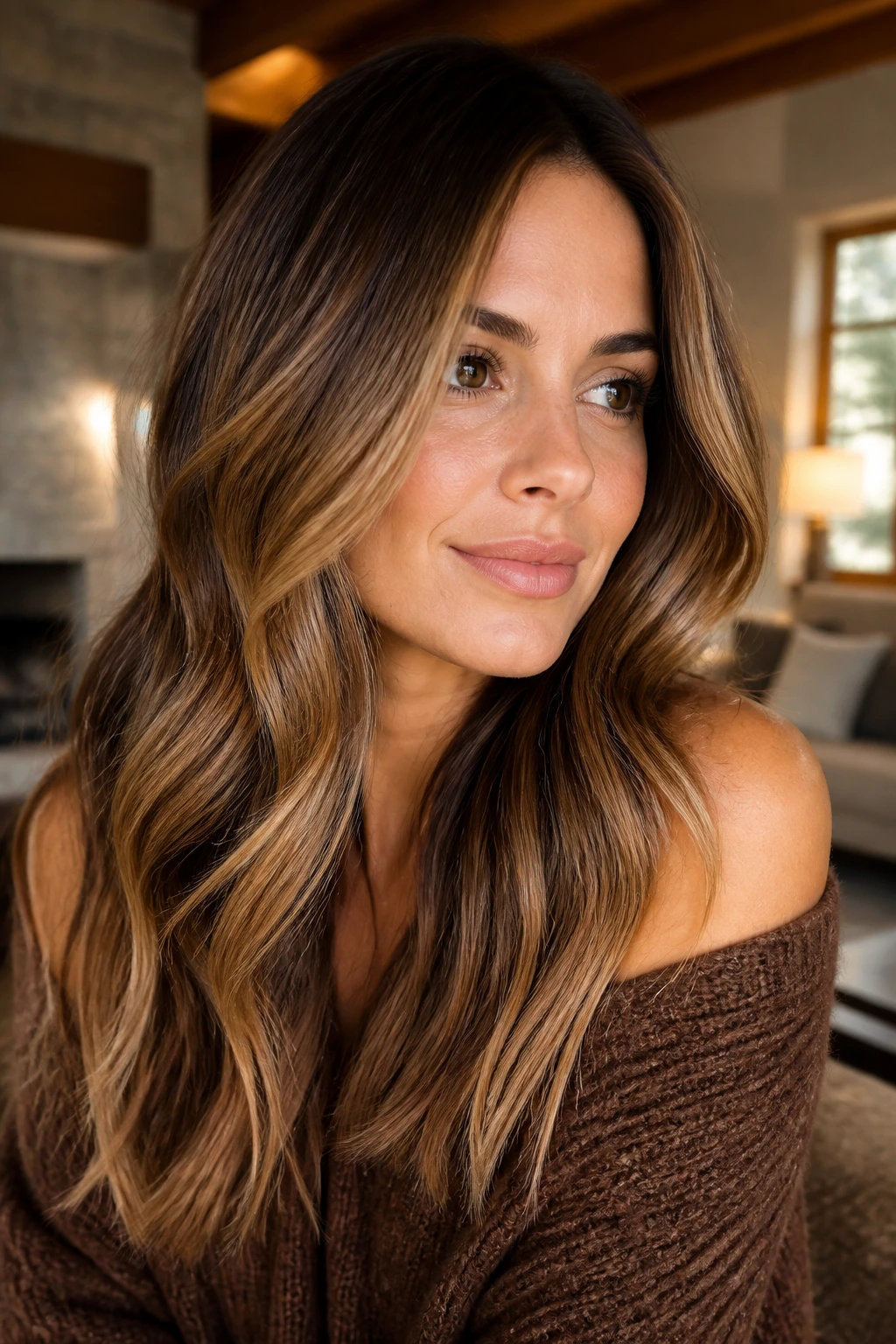 Close-up portrait of a real woman with toasted almond balayage highlighting around the face on brunette hair.