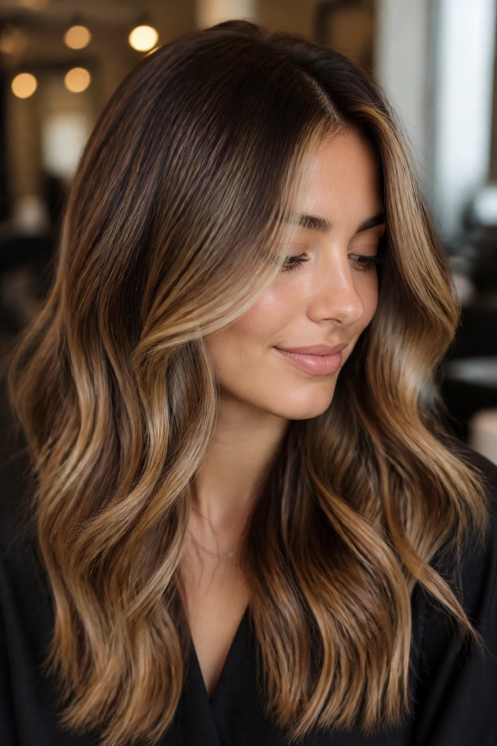 Real person with toasted almond balayage and beige-gold highlights near the face.