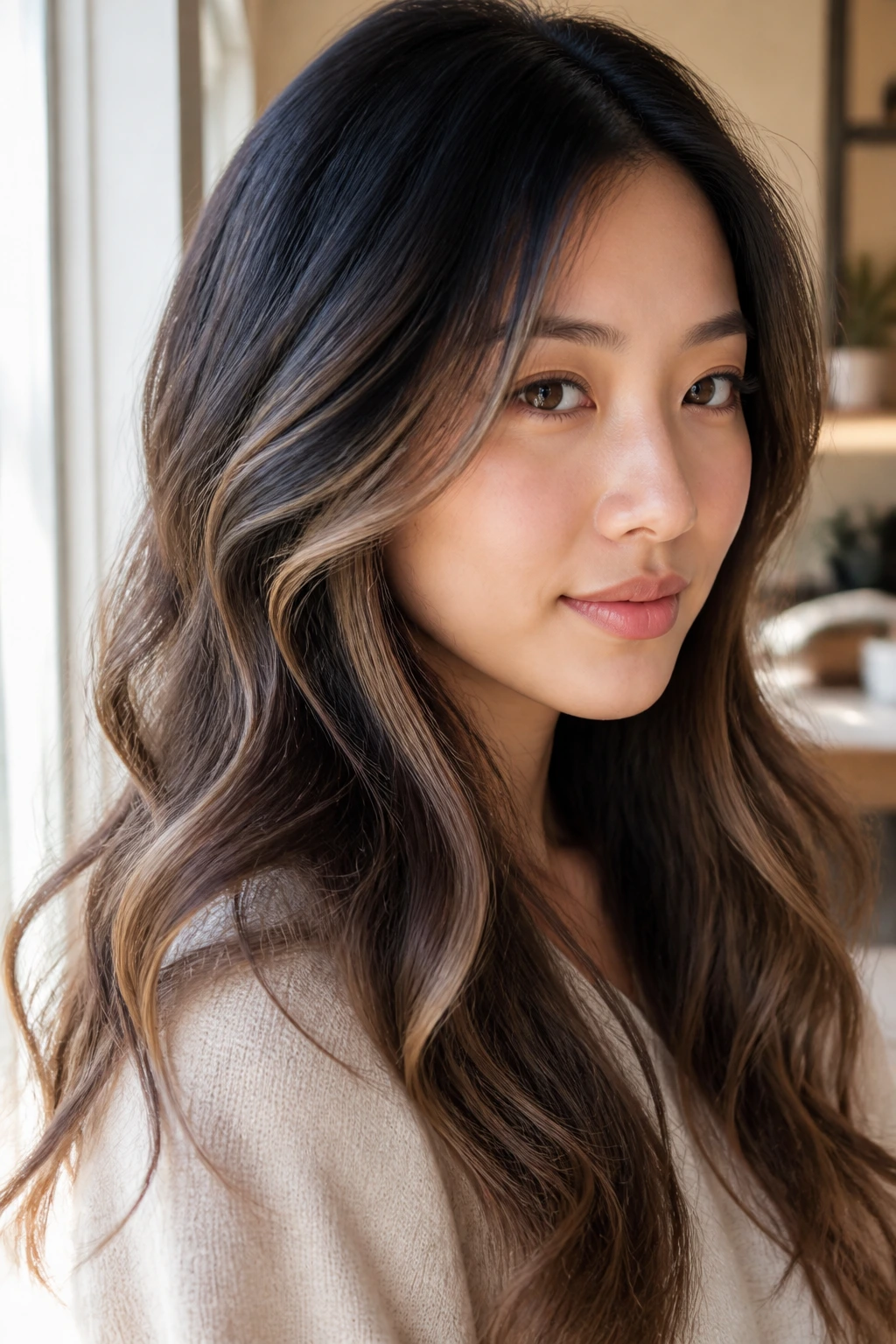 Close-up of a woman with toasted almond balayage on dark brown hair in sunlit window light