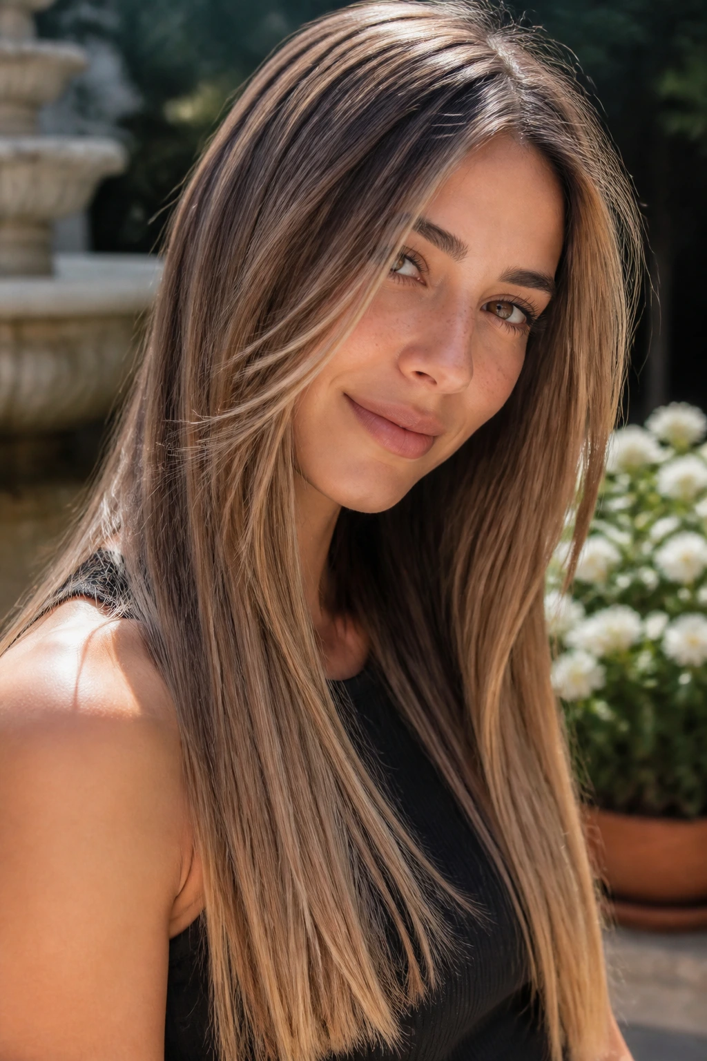 Real woman with toasted almond balayage on long straight hair