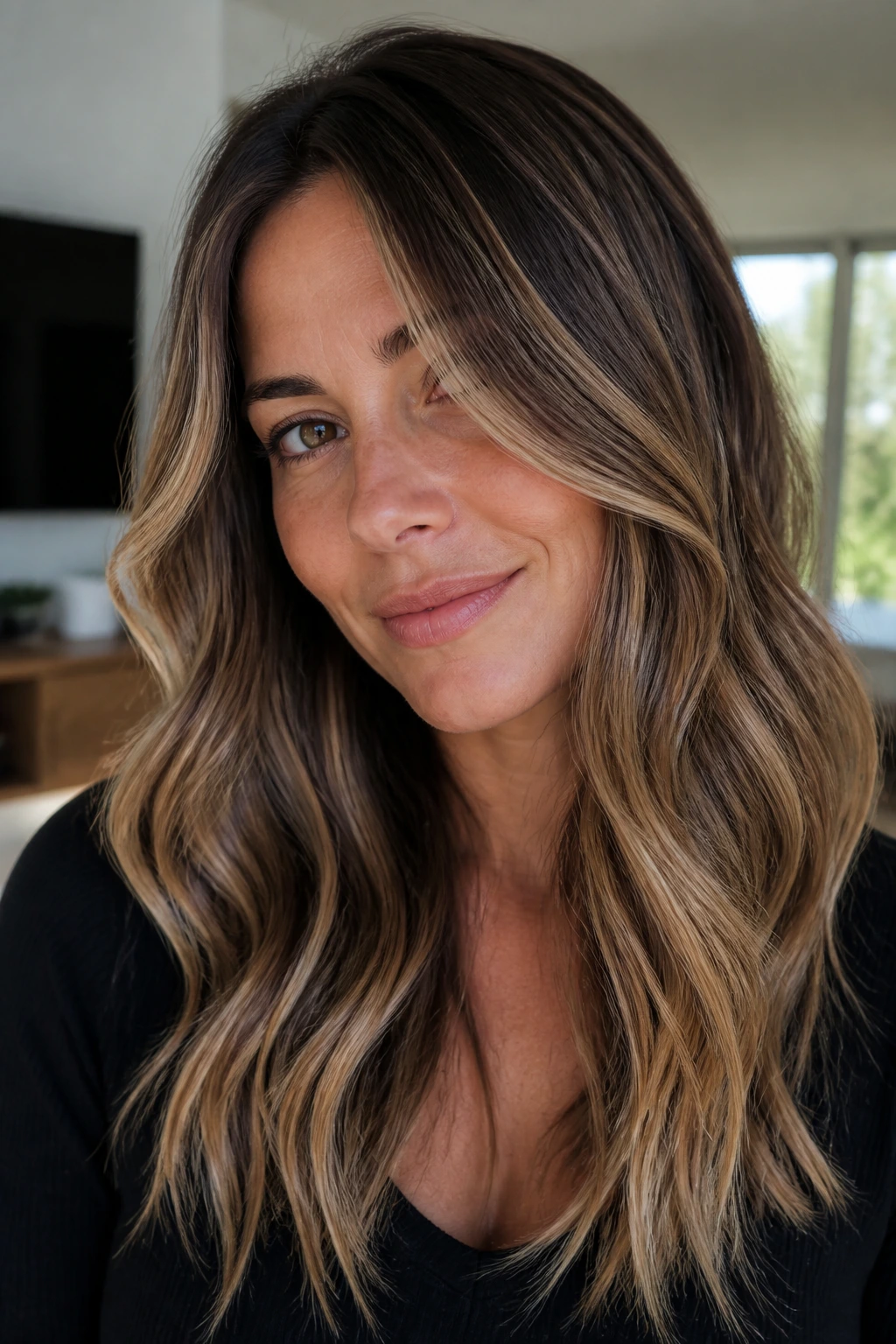 Close-up portrait of toasted almond balayage on long layered hair