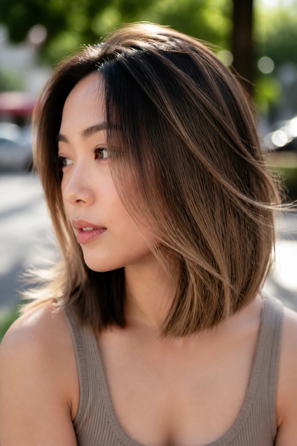 Longer bob with toasted almond balayage in natural light