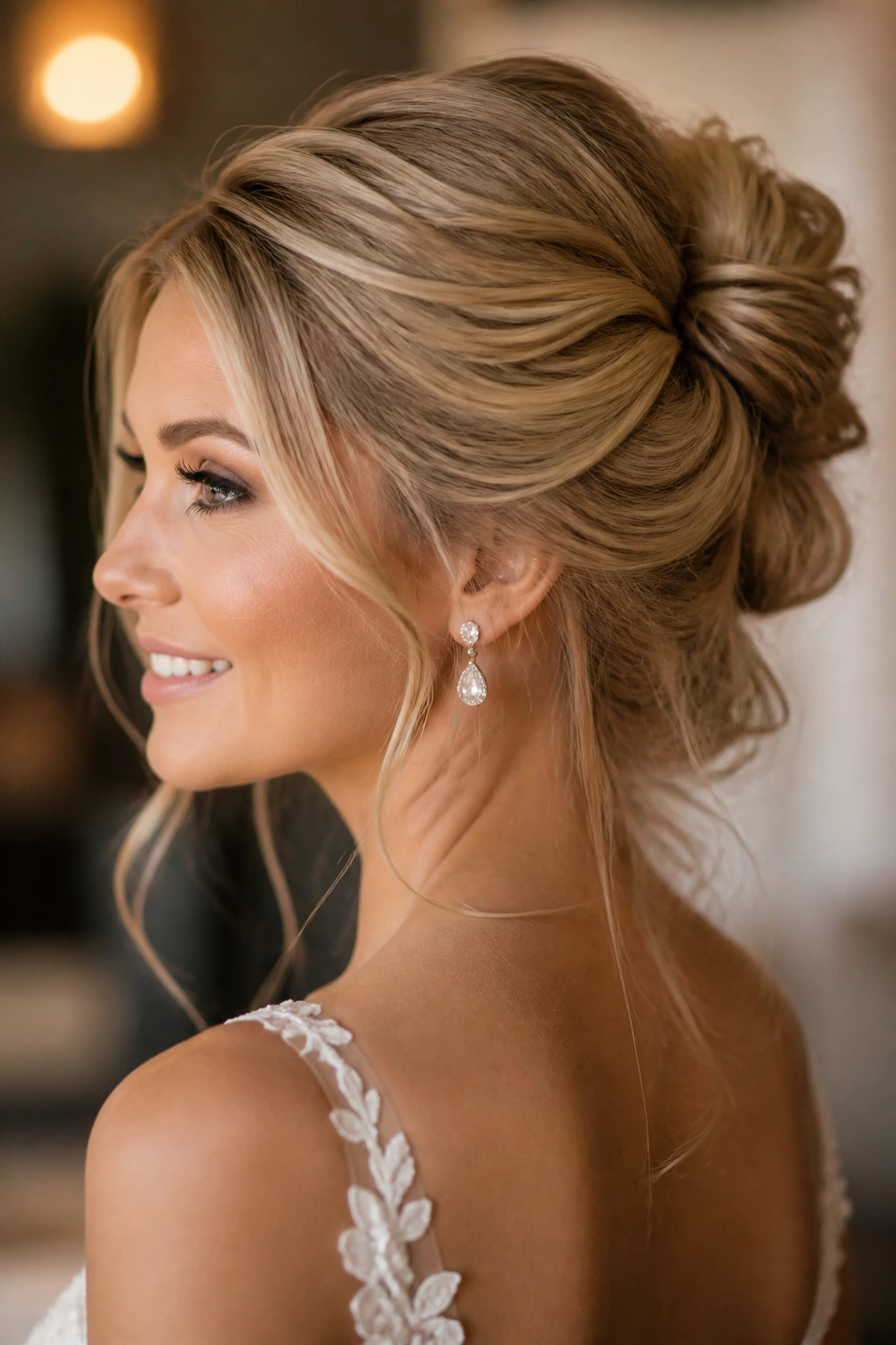 Bride with Toasted Almond Blonde hair in a textured updo