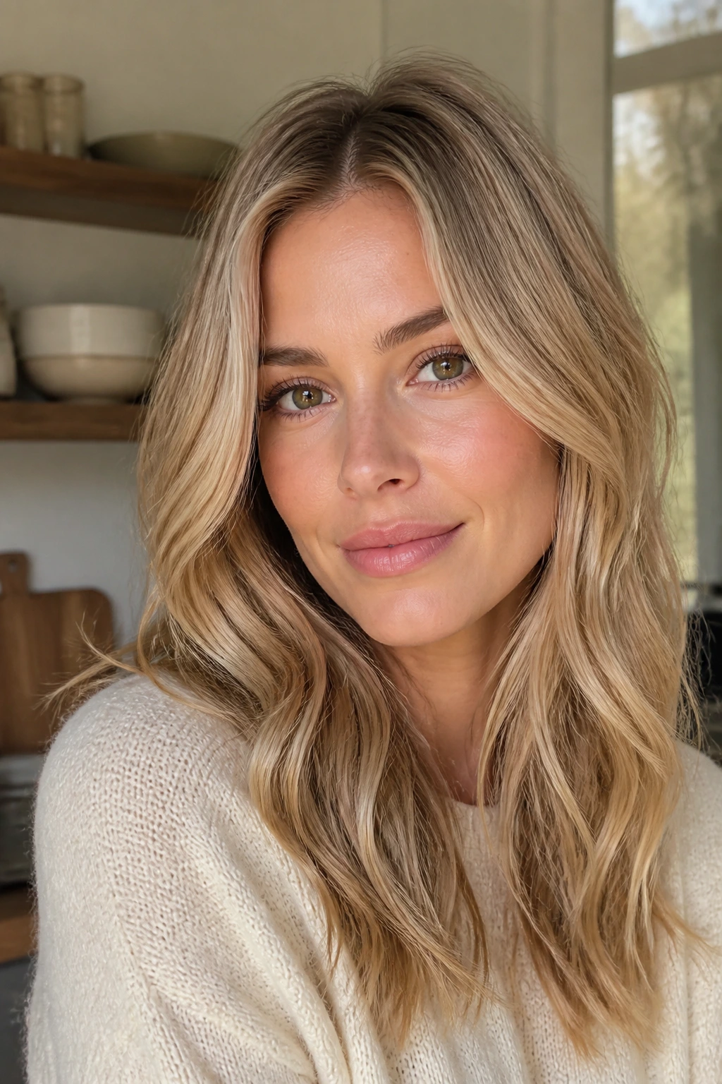 Real woman with toasted almond blonde hair in a close-up portrait