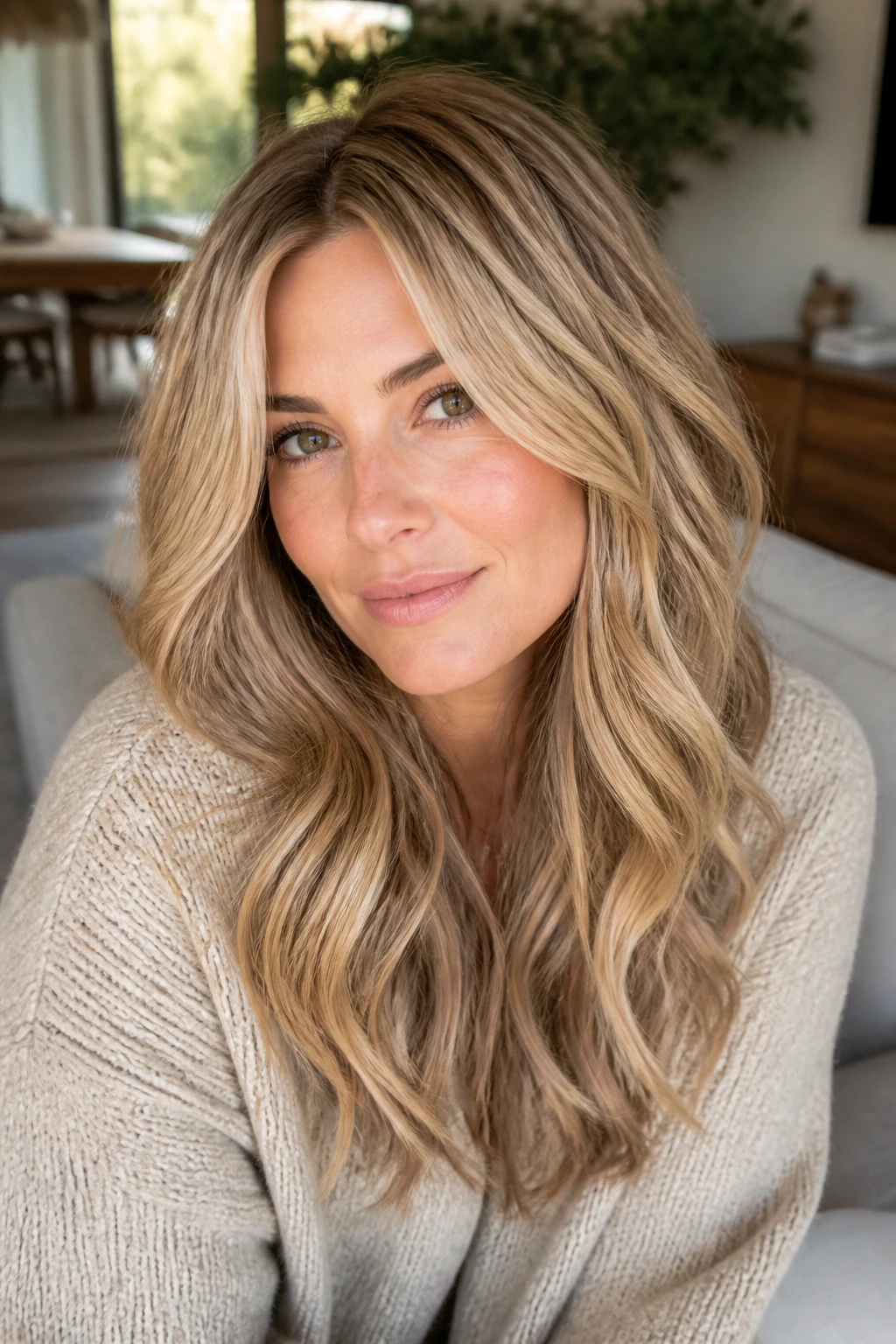 Real woman with toasted almond blonde layered hair in a sunlit living room.